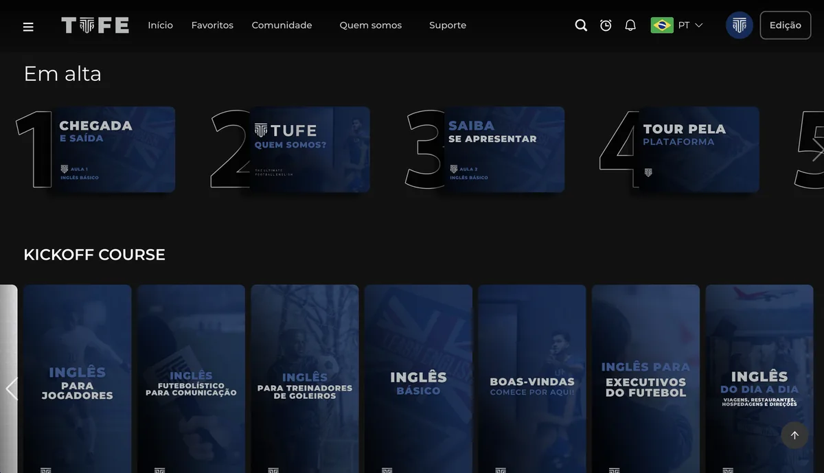 Tela da plataforma da TUFE mostrando as trilhas do KICKOFF COURSE